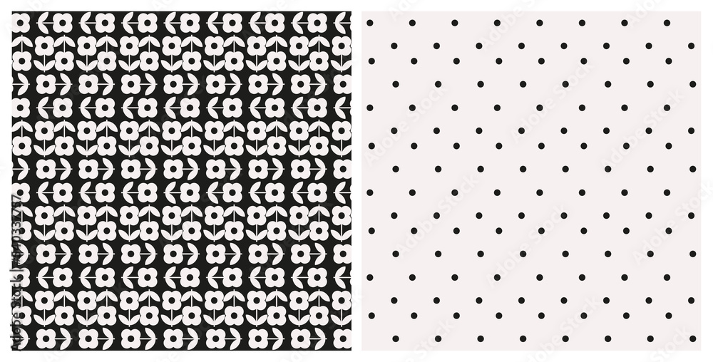 Set of monochrome flowers with leaves and dotted seamless repeat pattern. Bundle of two, vector floral and polka dot all over prints in black and white.