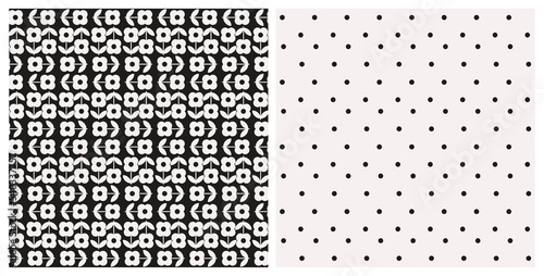Set of monochrome flowers with leaves and dotted seamless repeat pattern. Bundle of two, vector floral and polka dot all over prints in black and white.
