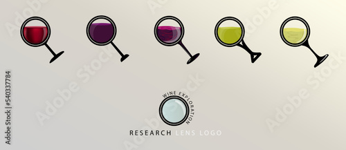 Magnifying glass with wine. Set of magnifying glass icons, modern symbols: wine or wine shop search concept.