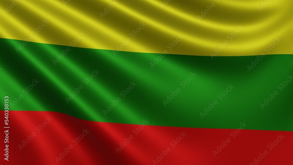 Render of the Lithuania flag flutters in the wind close-up, the national flag of Lithuania flutters in 4k resolution, close-up, colors: RGB. High quality 3d illustration
