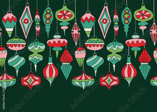 Retro Hanging Baubles Vector Seamless Horizontal Pattern Border. Vintage Winter Holidays Ornaments Background. Festive Mid Century Modern Graphic Print