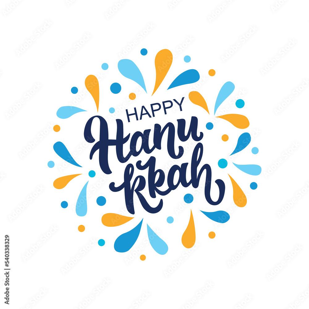 Obraz premium Happy Hanukkah handwritten text with colorful splashes on white background. Modern brush calligraphy. Hand lettering typography, bright vector illustration for Jewish holiday as greeting card, poster