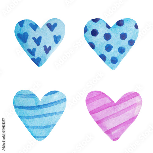 watercolor set with hearts. Blue, purple. Romantic vintage style. Collection for decoration,design. Stamps on paper, postcards, textiles. For templates. Valentine's day, love symbol. Brush for art.