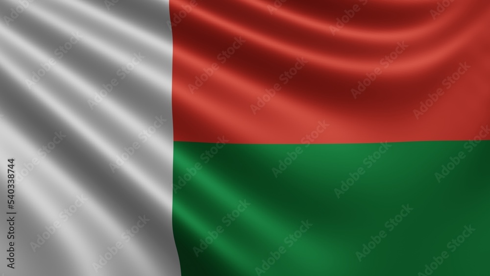 Render of the Madagascar flag flutters in the wind close-up, the national flag of Madagascar flutters in 4k resolution, close-up, colors: RGB. High quality 3d illustration Render of the Madagascar flag flutters in the wind close-up, the national flag of Madagascar flutters in 4k resolution, close-up, colors: RGB. High quality 3d illustration