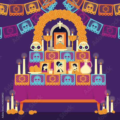 hand drawn flat dia de muertos family home altar vector design illustration