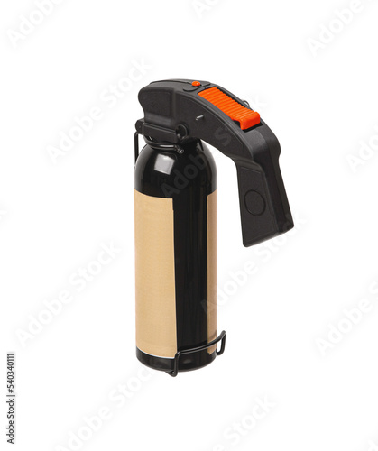Large spray can with isolate on a white back. Black spray bottle with red button. Pepper spray for self defense.
