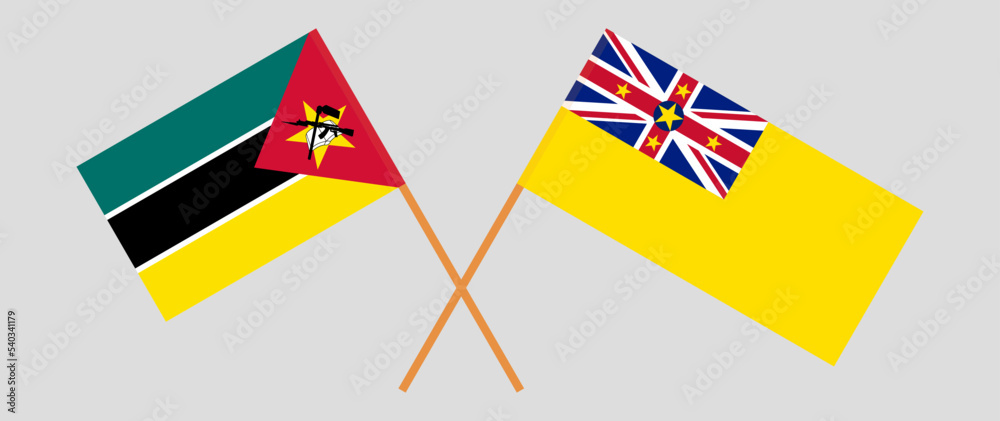 Crossed flags of Mozambique and Niue. Official colors. Correct proportion