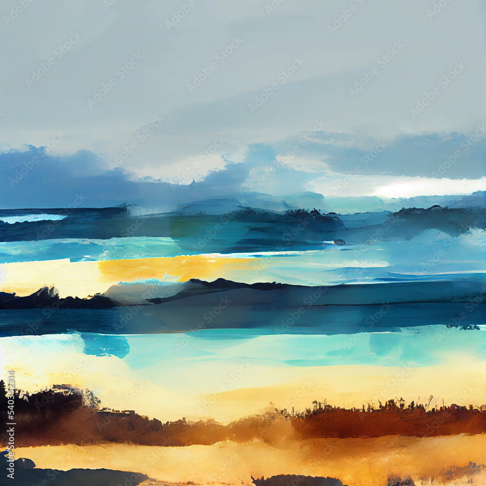 An impressionist acrylic seascape landscape scene in a digital painted style