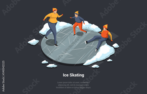 Concept Of Winter Holidays Outdoor Fun, And Family Christmas Vacations. Man And Woman Are Skating At Ice Rink. Characters Having Fun, Spending Time Together. Isometric 3D Vector Cartoon illustration