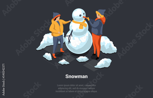 Winter Holidays, And Family Christmas Vacations. Happy Children Make Snowman. Kids Have Lots Of Fun Spending Time Together. Winter Active Games And Entertainment. Isometric 3D Vector Illustration