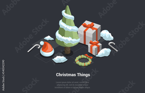 Winter Holidays, Family Christmas Vacations. Santa Hat, Christmas Tree, Wreath, Gifts With Red Ribbon, Candy Cane. Collection of Beautiful Christmas Things. Isometric 3D Cartoon Vector Illustration