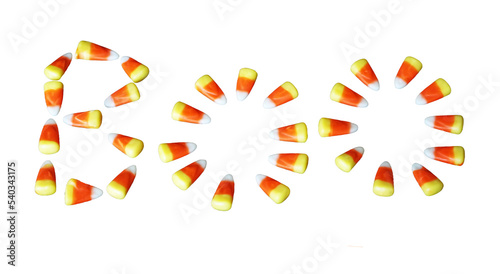 Obraz na plátne Candy Corn Boo - Pieces of candy corn positioned to spell the word BOO (transpar
