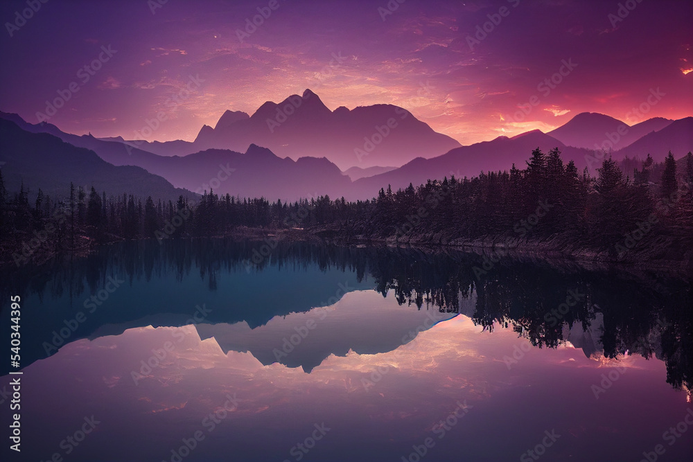 Beautiful lake with trees and mountains with reflections.. Colorful Background wallpaper