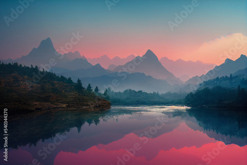Beautiful lake with trees and mountains with reflections.. Colorful Background wallpaper © Peter