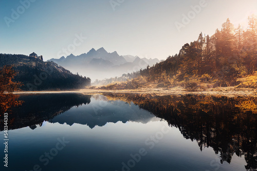 Beautiful lake with trees and mountains with reflections.. Colorful Background wallpaper