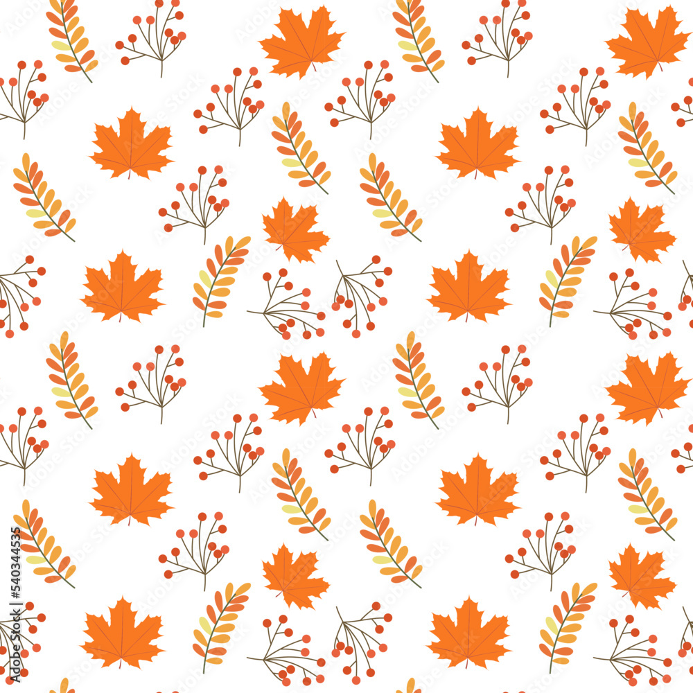 Seamless vector pattern of autumn leaves, mushrooms and berries. Autumn pattern for Halloween decor. Illustration on a white background for print, design, web, websites, design