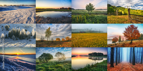 Twelve Colored Images of landscape For Calendar. four seasons: winter, spring, summer, autumn
