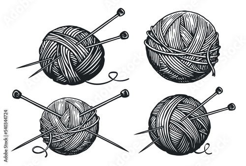 Balls of yarn, knitting needles. Clews, skeins of thread. Tools female hobby handicraft, hand-knitting sketch