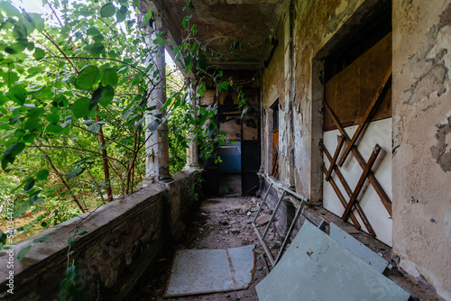 Fototapeta Naklejka Na Ścianę i Meble -  Old overgrown balcony of abandoned mansion