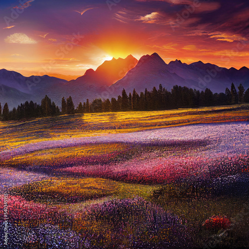 Beautiful sunset landscape of mountains and fields with flowers at sunset. High quality illustration