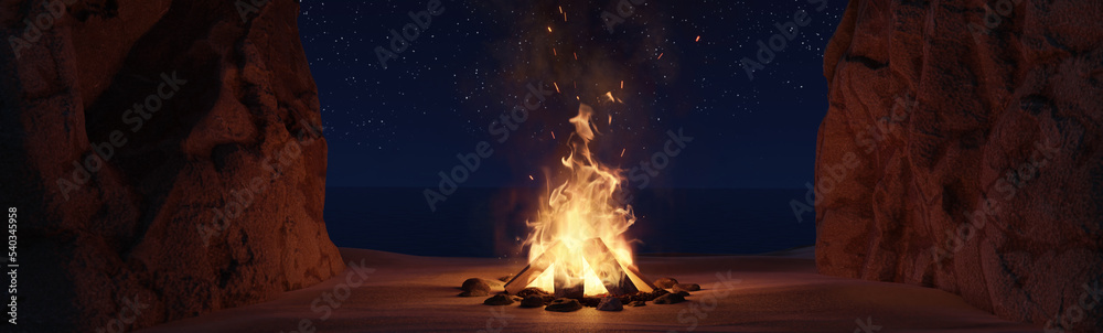 3D rendering of big bonfire with sparks and particles in front of sea and cave