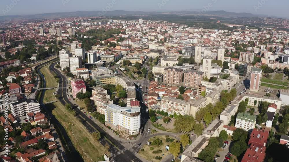 Drone Aerial view of downtown Kragujevac, Serbia - 2021