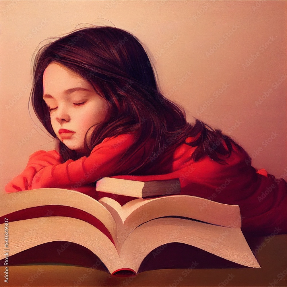 little girl child falling asleep reading a book. Digital, Illustration ...