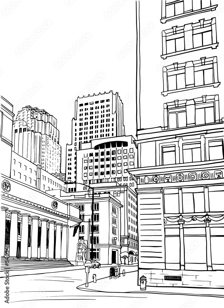 Urban landscape. Modern San Francisco. California, USA, Hand drawn sketch style. Urban sketch. Line art. Ink drawing. Vector illustration on white for postcards. Without people.