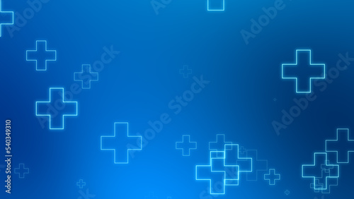 Medical health blue cross neon light shapes pattern background. Abstract healthcare technology and science concept.