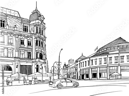 Nice cityscape of the old Kiev, Ukraine. Urban landscape in hand drawn sketch style. Ink line sketch. Vector illustration on white. Postcard style. Urban sketch. Without people.