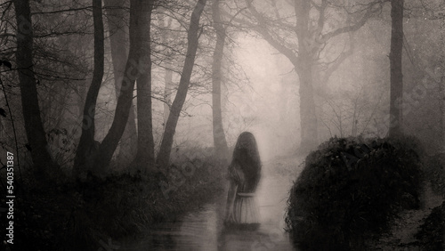 A haunted concept. Of a woman ghost standing in water. On a foggy winters day. In a spooky forest.