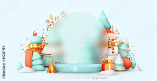 Winter stage podium, round studio for promo sale. Realistic 3d design in cartoon style. Light blue Christmas trees in snow. Merry Christmas and Happy New Year holiday background. vector illustration