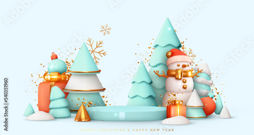 Winter stage podium, round studio for promo sale. Realistic 3d design in cartoon style. Light blue Christmas trees in snow. Merry Christmas and Happy New Year holiday background. vector illustration