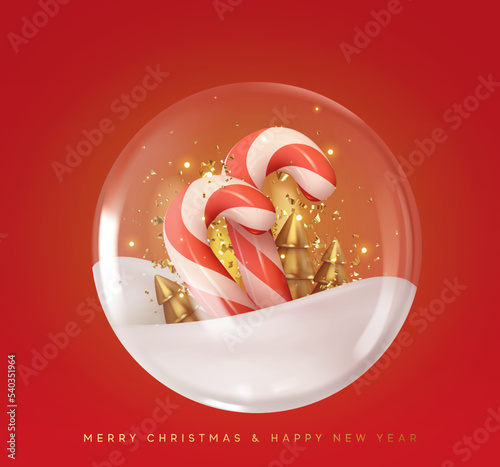 Merry Christmas and New Year festive winter composition. Glass transparent snow globe with decorative Christmas objects inside realistic 3d design. Xmas holiday red background. Vector illustration