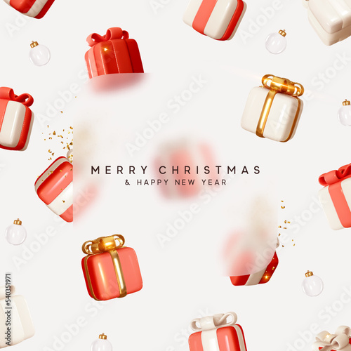 Merry Christmas and Happy New Year. Background with realistic festive gifts box. Xmas present. Blue boxes fall effect. Holiday gift surprise banner, web poster, flyer, stylish brochure, greeting card