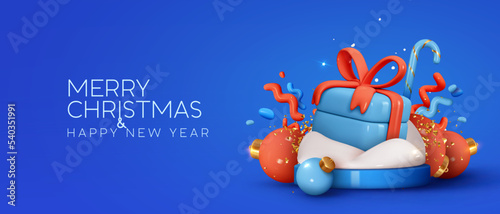 Merry Christmas and Happy New Year. Festive background with realistic 3d cartoon elements. Blue Christmas web banner, website poster, brochure, holiday flyer, greeting card. Vector illustration