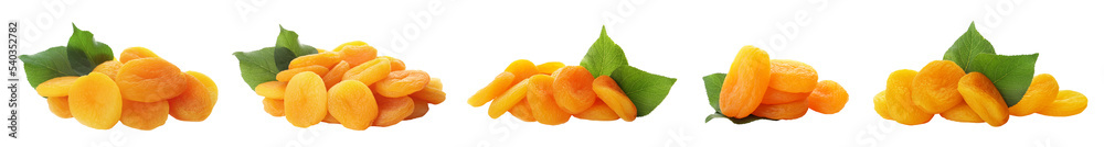 Set of tasty dried apricots with leaves on white background. Banner design