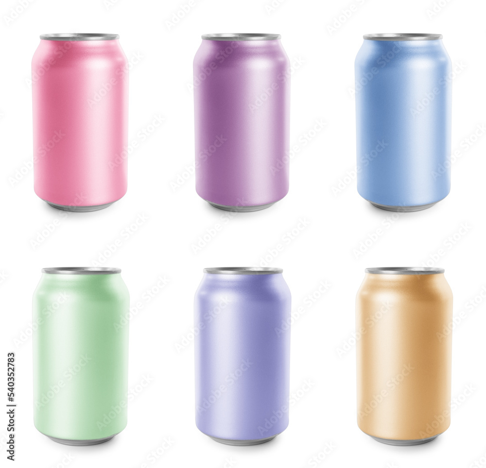 Set with different colorful aluminium cans of beverage on white background