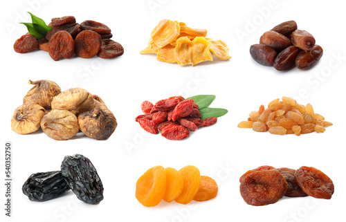 Set with different tasty dried fruits on white background