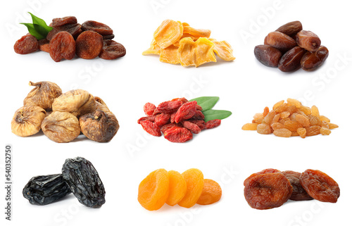 Fototapeta Naklejka Na Ścianę i Meble -  Set with different tasty dried fruits on white background
