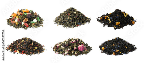 Set with aromatic herbal tea on white background