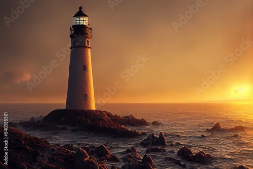 Print op canvas Fantasy concept showing a Lighthouse Phare du Petit Minou at sunset, Brittany, France