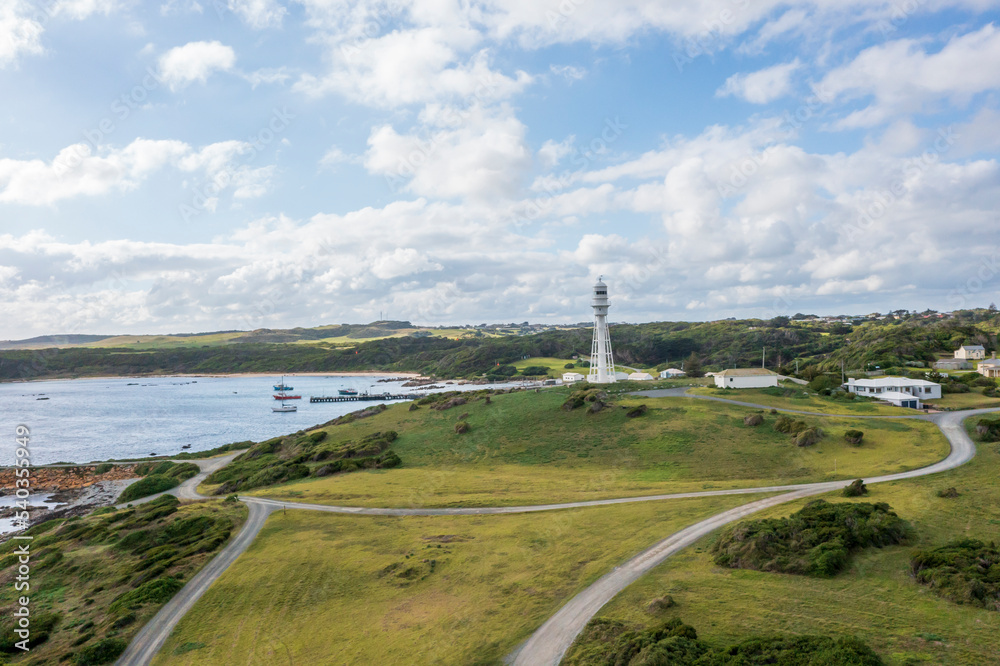 Drone aerial photograph of the Currie Harbour Lighthouse