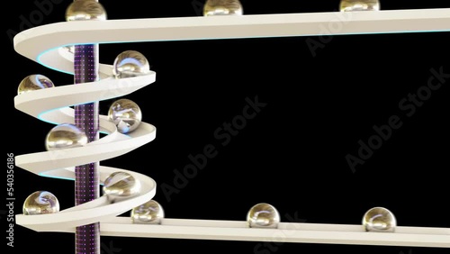 3D animation of metal or glass spheres roll down a white spiral ramp