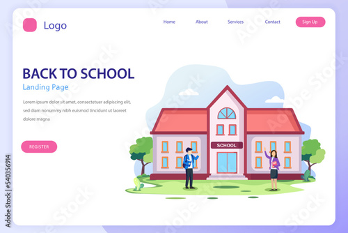 Fototapeta Naklejka Na Ścianę i Meble -  Students back to school and greet each other in front of the school. Flat vector template Style Suitable for Web Landing Page.