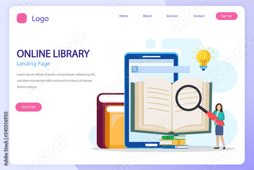 Online library concept, online library for education, online reference concept, book, literature or elearning. Flat vector template