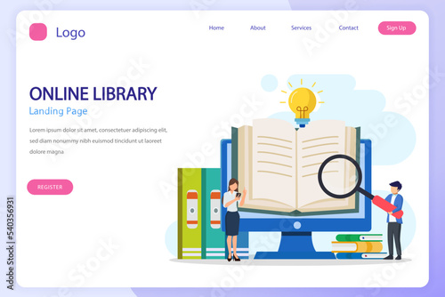 Online library concept, online library for education, online reference concept, book, literature or elearning. Flat vector template
