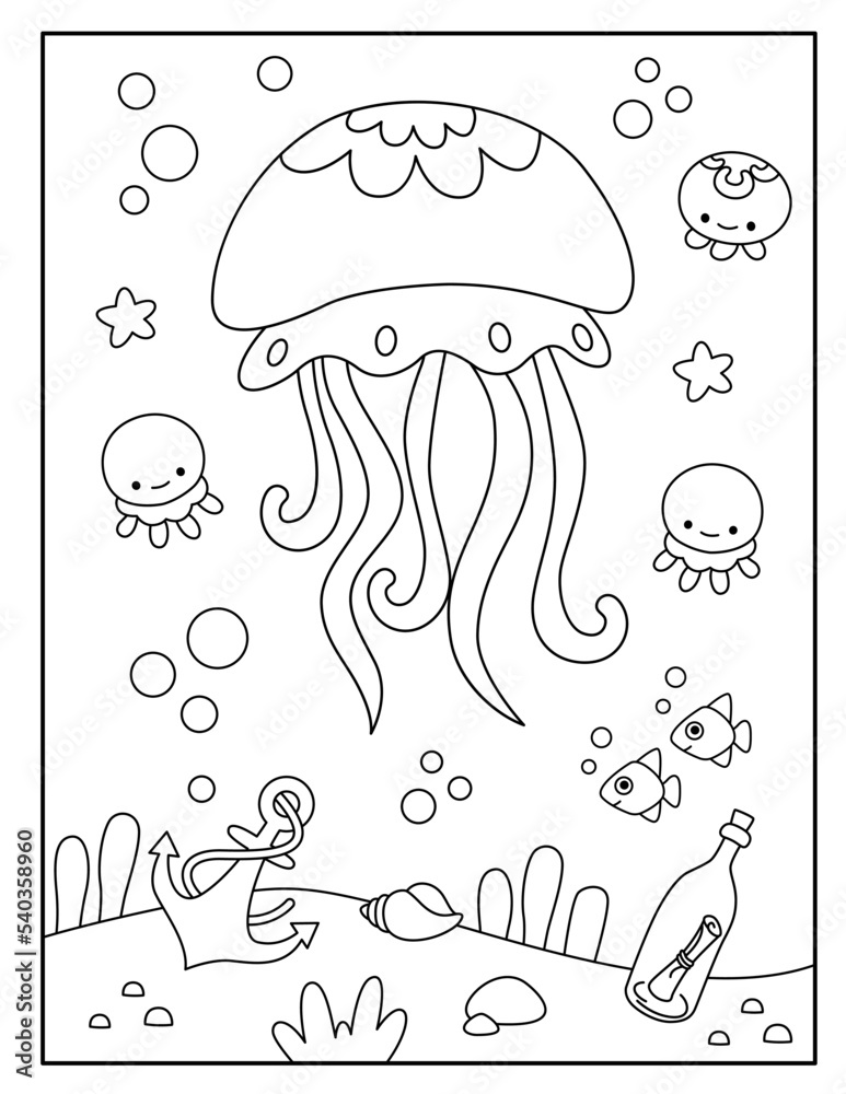 Cute jellyfish coloring page for kids Stock Vector | Adobe Stock