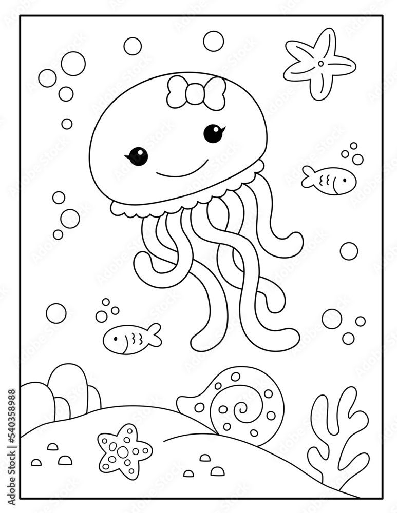Cute jellyfish coloring page for kids Stock Vector | Adobe Stock