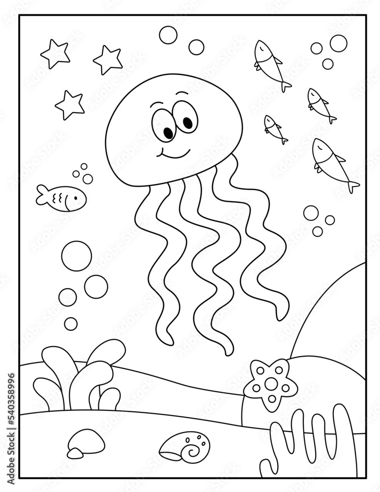 Cute jellyfish coloring page for kids Stock Vector | Adobe Stock